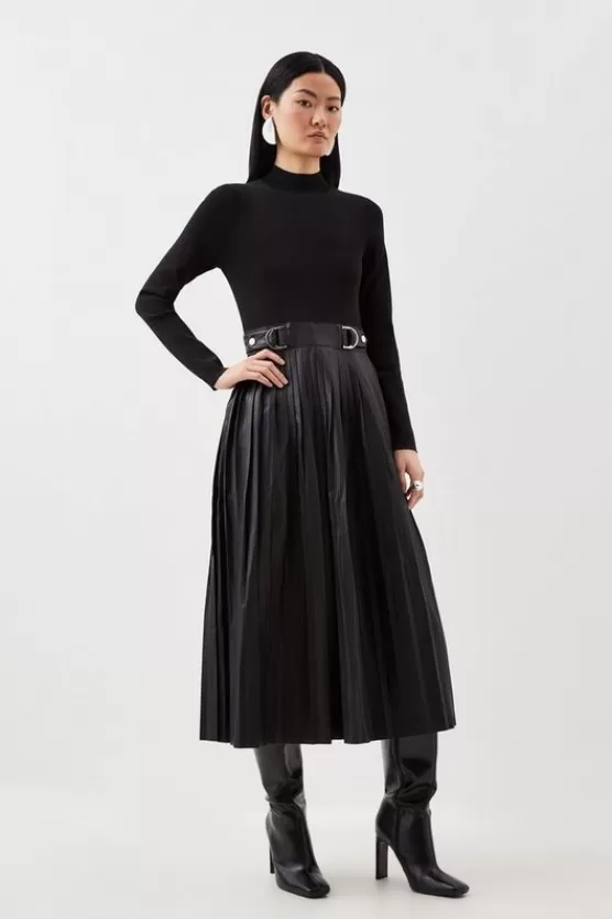 Online Karen Millen Pu Knit Pleated Skirt Midi Dress black