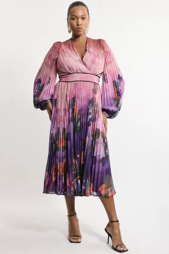 Sale Karen Millen Pus Size Ombre Floral Soft Pleated Long Sleeve Maxi Dress purple