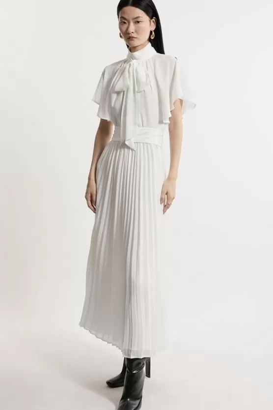 Discount Karen Millen Pussy Bow Tie Georgette Belted Woven Midi Dress ivory