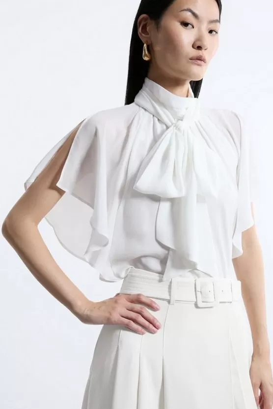 Outlet Karen Millen Pussy Bow Tie Woven Georgette Blouse ivory