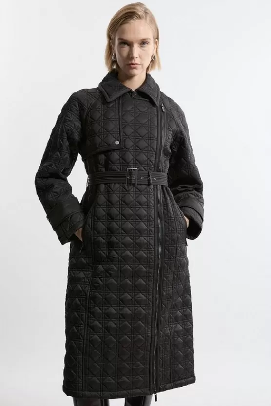 Shop Karen Millen Quilted Belted Longline Trench Coat black