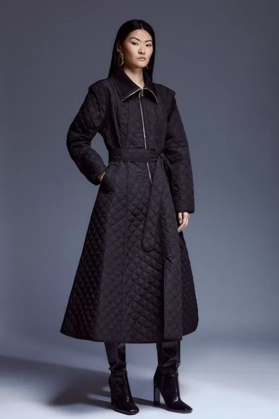 Online Karen Millen Quilted Full Skirted Belted Midi Coat black