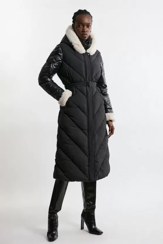 Best Karen Millen Quilted Hooded Longline Belted Coat black