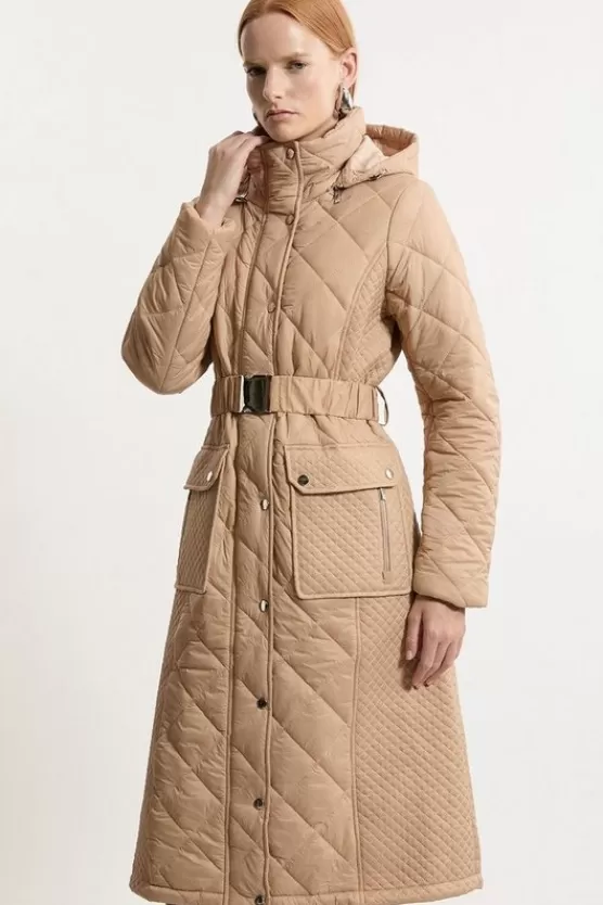 Fashion Karen Millen Quilted Hooded Longline Coat mushroom