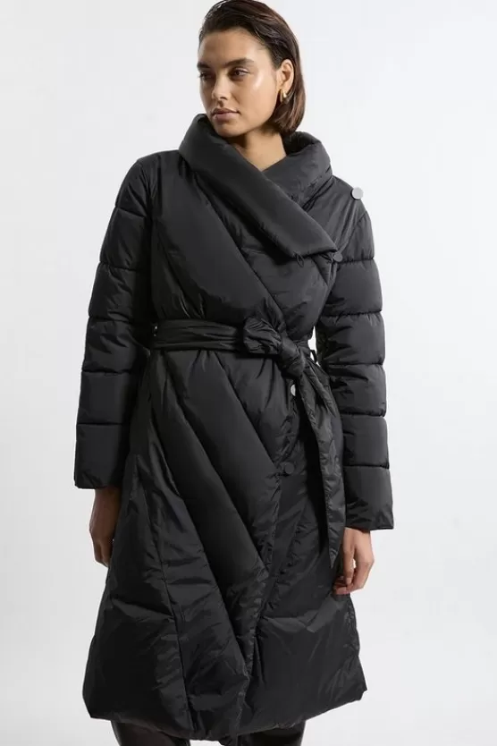 New Karen Millen Quilted Padded Wrap Collar Coat black