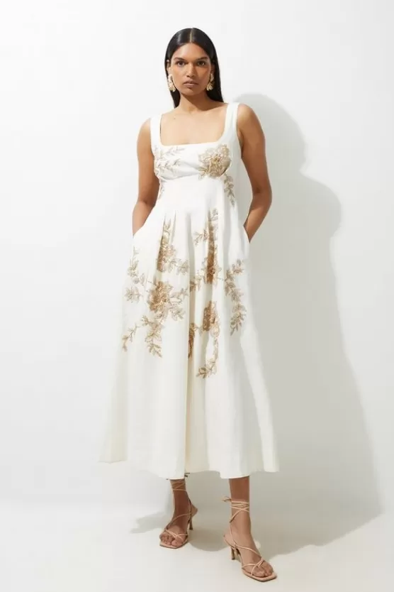 Outlet Karen Millen Raffia Embroidered Linen Woven Prom Dress natural