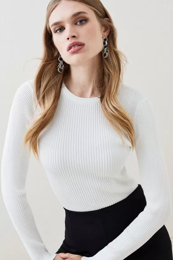 Discount Karen Millen Rib Crew Neck Knit Sweater ivory