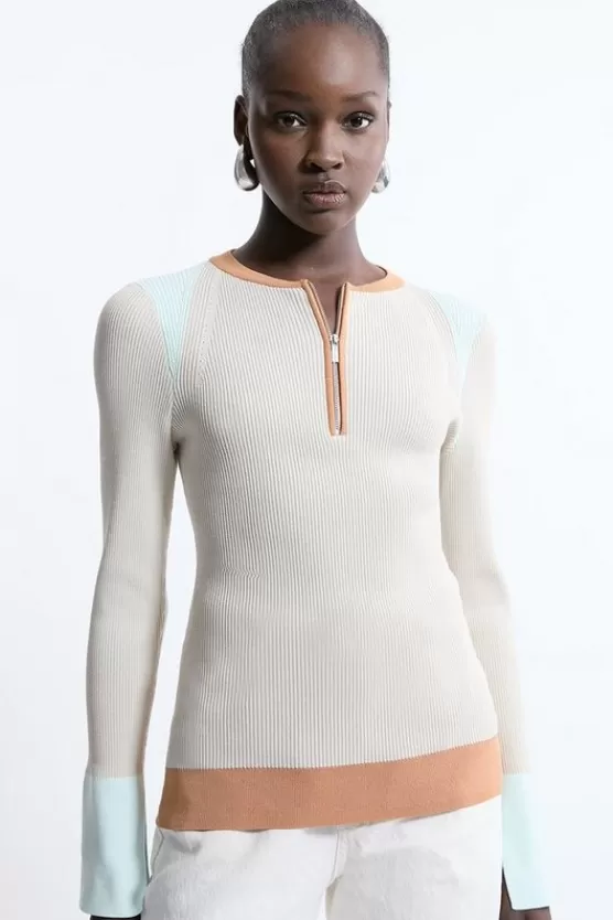 Best Karen Millen Rib Knit Half Zip Cuff Detail Top stone