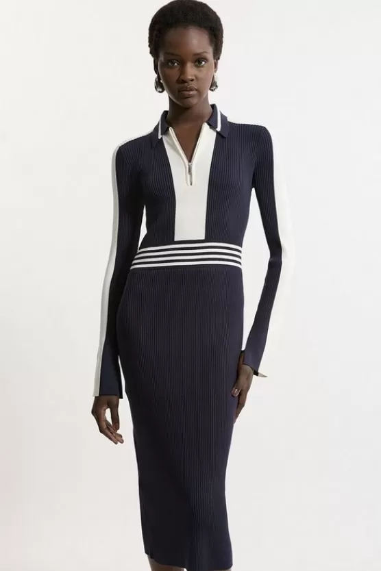 Cheap Karen Millen Rib Knit Polo Zip Up Midi Dress navy