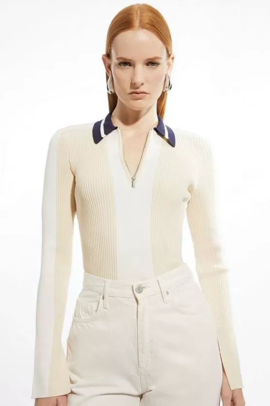 Store Karen Millen Rib Knit Polo Zip Up Top natural