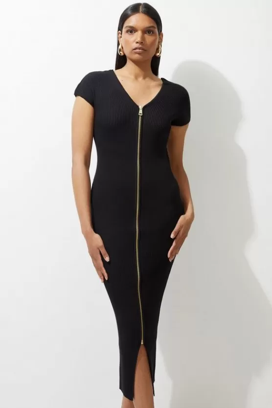 Hot Karen Millen Rib Knit Zip Through Midi Dress black