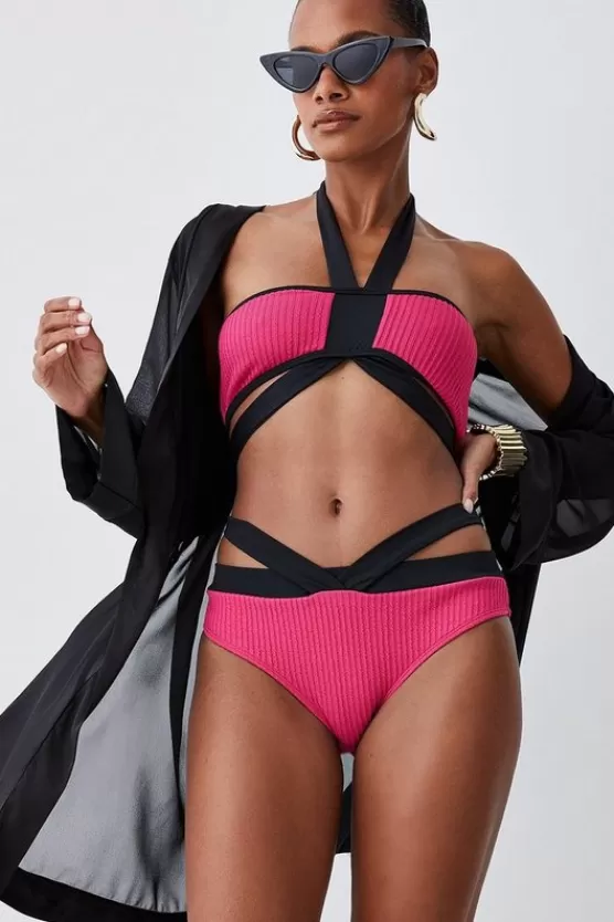 Outlet Karen Millen Ripple Colour Block Double Strap Bikini pink