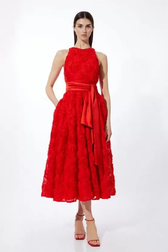 Best Sale Karen Millen Romantic Rosette Texture Woven Prom Midi Dress red