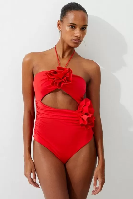 Best Karen Millen Rosette Cut Out Detail Swimsuit red