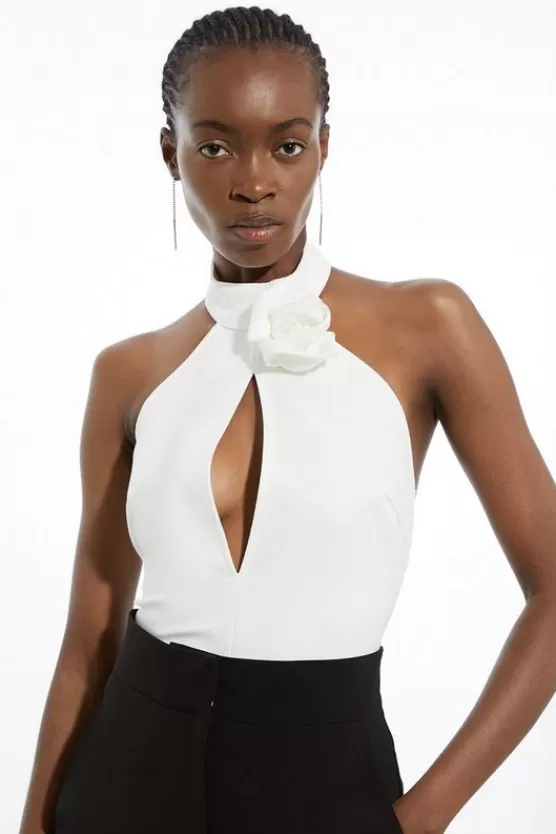 Flash Sale Karen Millen Rosette Ponte Jersey Keyhole Bodysuit ivory