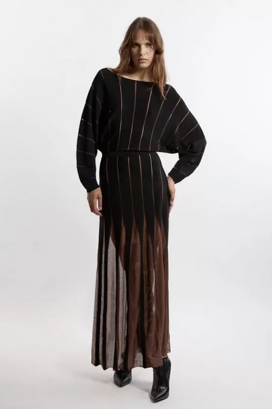 Outlet Karen Millen Rounded Sleeve Sheer Skirt Maxi Knit Dress black