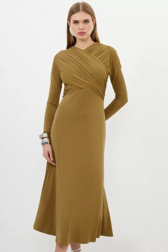 Store Karen Millen Ruched Jersey Crepe Midi Dress khaki