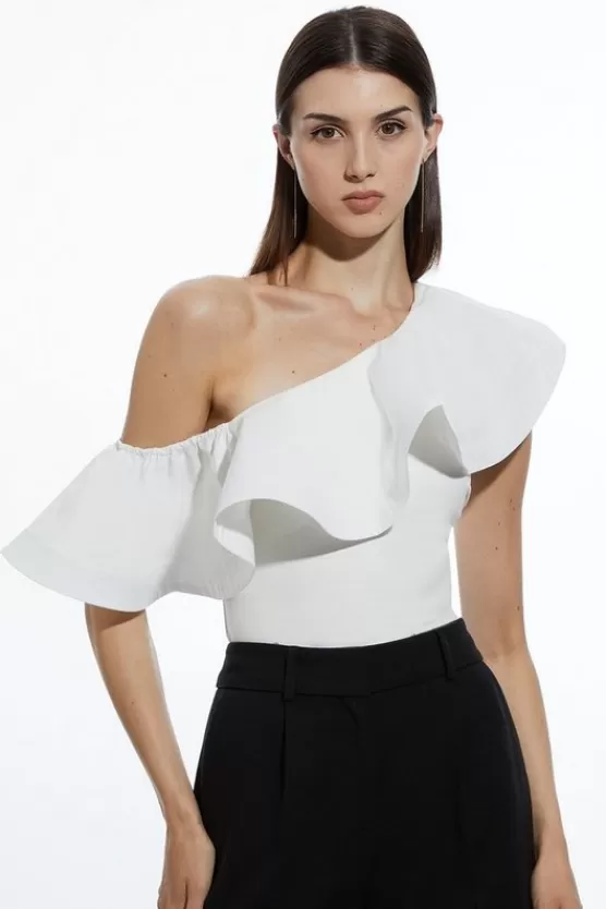 Best Sale Karen Millen Ruffle Ponte And Cotton Mix Jersey Bodysuit white