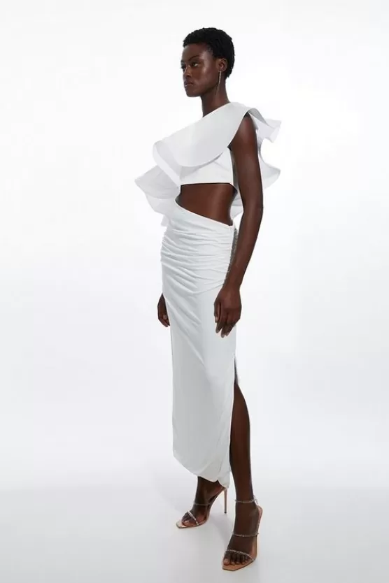 Discount Karen Millen Ruffle Ponte And Cotton Mix Jersey Cut Out Maxi Dress ivory