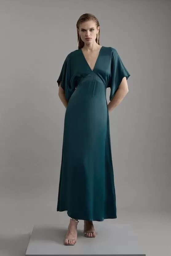 Shop Karen Millen Satin Angel Sleeve Woven Maxi Dress teal