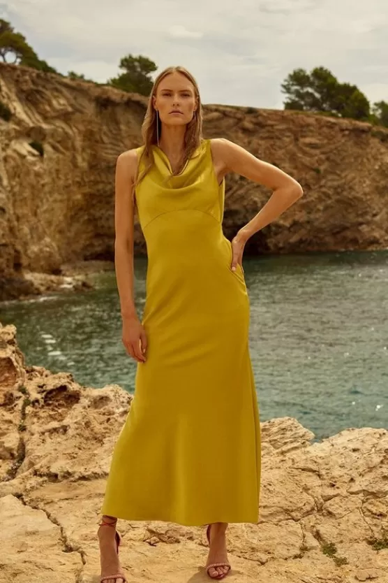 Outlet Karen Millen Satin Back Crepe Column Woven Midaxi Dress ochre