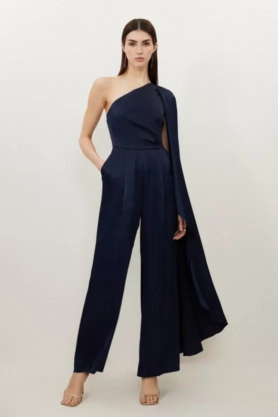 Flash Sale Karen Millen Satin Back Crepe Drape One Shoulder Wide Leg Jumpsuit navy