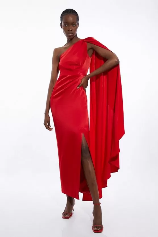 Store Karen Millen Satin Back Crepe One Shoulder Drape Sleeve Maxi Dress red