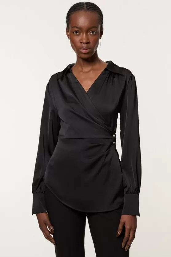 Sale Karen Millen Satin Back Crepe Pearl Detail Wrap Blouse black