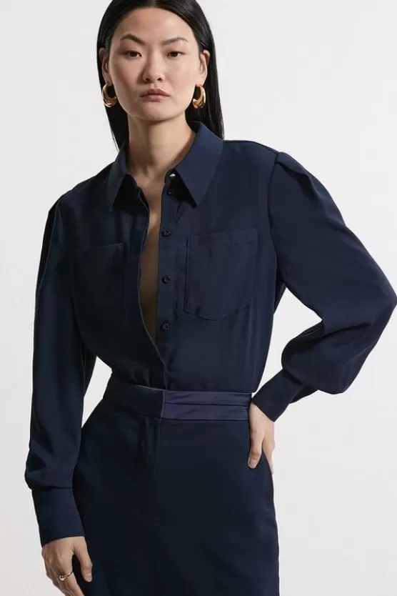 Store Karen Millen Satin Back Crepe Woven Blouse navy