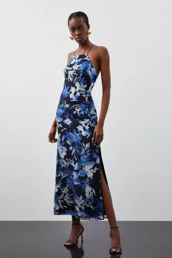 Cheap Karen Millen Satin Floral Devore Woven Strappy Maxi Dress navy