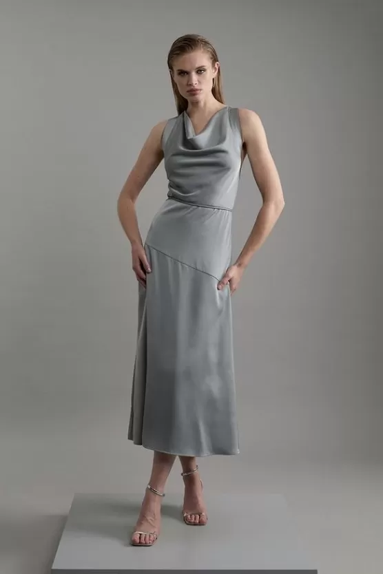 Shop Karen Millen Satin Halter Neck Woven Midi Dress darkgrey