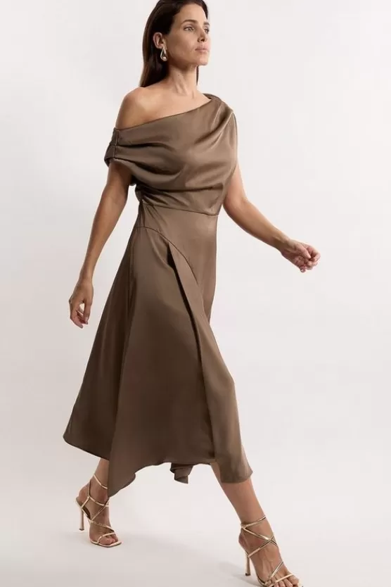 Flash Sale Karen Millen Satin Off The Shoulder Asymmetric Hem Woven Midi Dress minkbrown