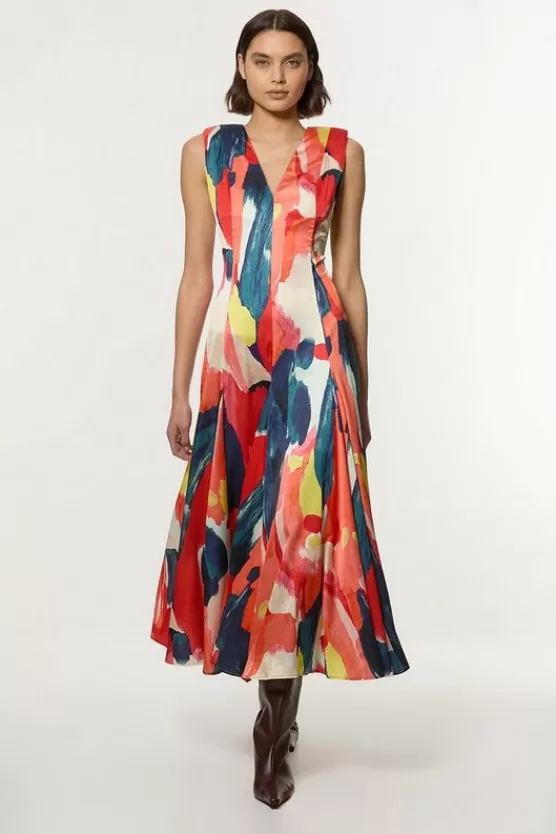 New Karen Millen Satin Print V Neck Woven Maxi Dress multi