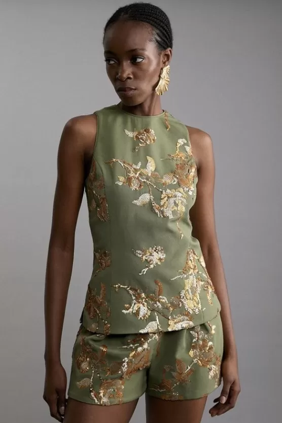 Outlet Karen Millen Satin Sequin And Embroidery Woven Shorts Set khaki