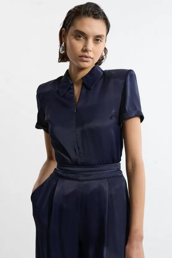 Best Sale Karen Millen Satin Zip Front Woven Polo Top navy