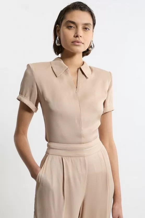 Shop Karen Millen Satin Zip Front Woven Polo Top champagne