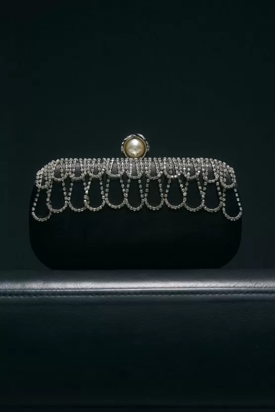 Cheap Karen Millen Scallop Detailed Embellished Clutch Bag black