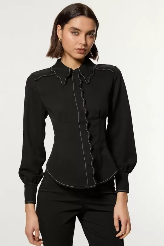 Online Karen Millen Scallop Trim Woven Crepe Blouse black