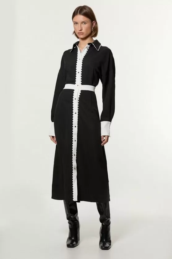 Shop Karen Millen Scallop Trim Woven Crepe Shirt Dress mono