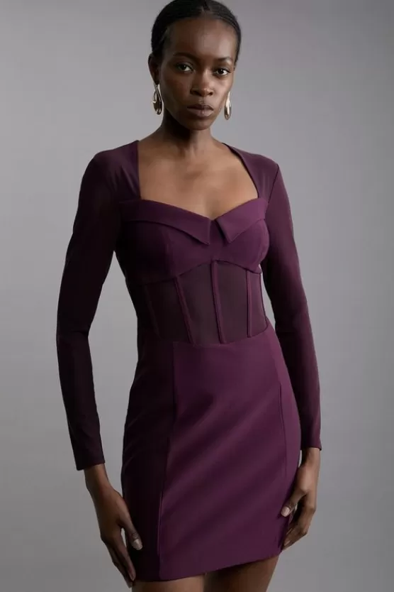 New Karen Millen Scuba Crepe And Power Mesh Corset Detail Mini Dress plum