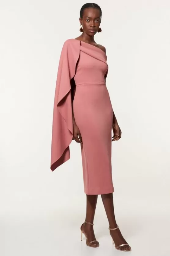 Clearance Karen Millen Scuba Crepe Woven Cape Midi Dress taupe