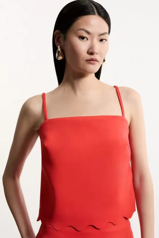 Best Sale Karen Millen Scuba Scallop Hem Woven Cropped Cami Top & Midi Skirt Set red