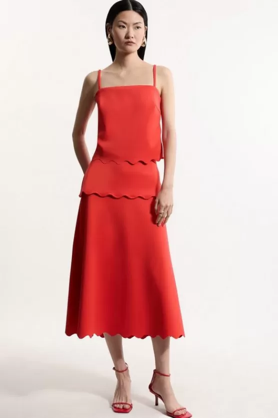 New Karen Millen Scuba Scallop Hem Woven Midi Skirt red