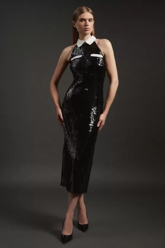 Online Karen Millen Sequin And Viscose Satin Collar Detail Midaxi Dress black