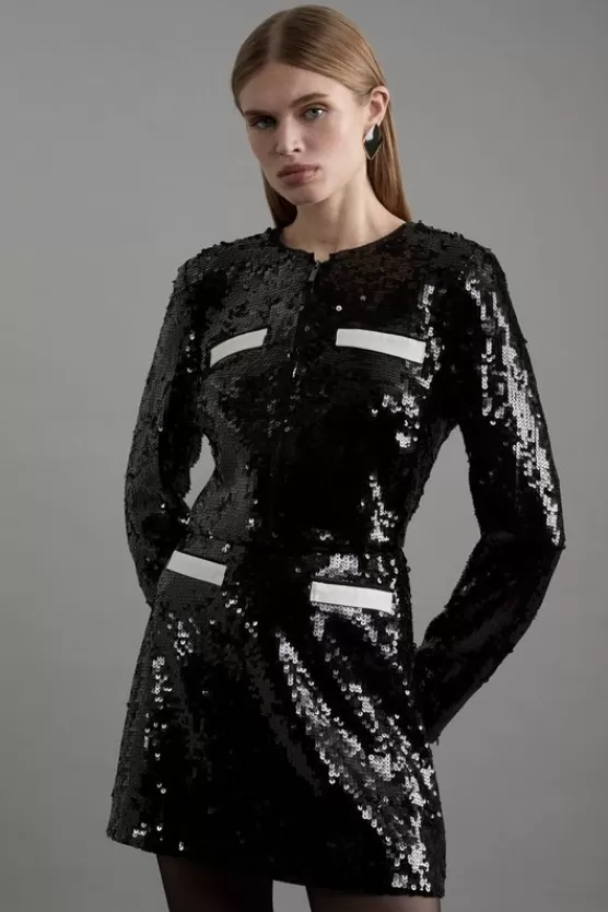 Flash Sale Karen Millen Sequin And Viscose Satin Jacket & Skirt Set black