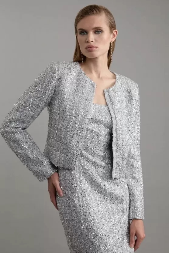 New Karen Millen Sequin Boucle Tailored Jacket silver