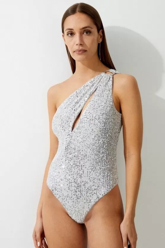 Flash Sale Karen Millen Sequin Cut Out Asymmetric Thong Swimsuit silver