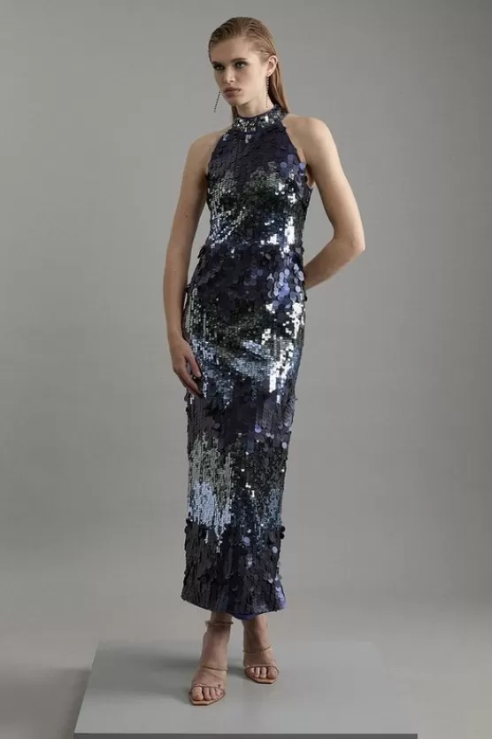 Clearance Karen Millen Sequin Halter Maxi Dress navy