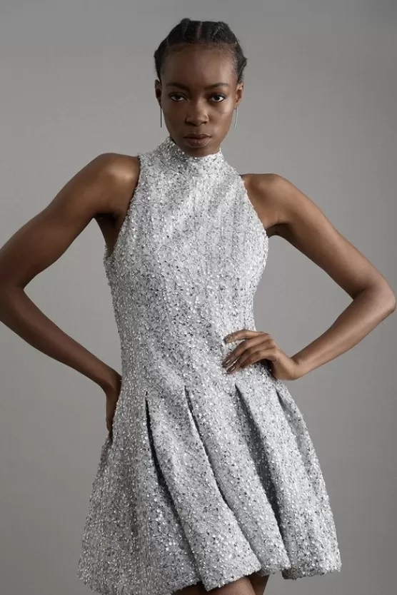 Hot Karen Millen Sequin Metallic Boucle Halter Full Skirt Tailored Mini Dress silver