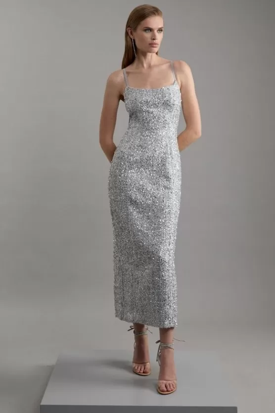 Cheap Karen Millen Sequin Metallic Boucle Tailored Maxi Dress silver